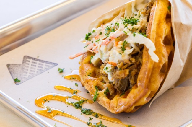 waffle 2 The pulled pork waffle is served with Maytag bleu cheese slaw and Tobasco honey sauce. Photo by J. Christopher Little.