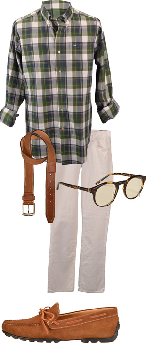 Southern Tide button down, $120; Citizens of Humanity jeans, $190; Martin Dingman boat shoes, $195, and belt, $75, Travers Mahan. Leisure Society optical glasses, $575, Hicks Brunson.