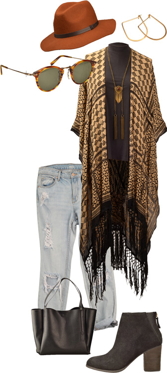 Ecote shawl, $39; Silence + Noise tank, $34; BDG jeans, $79; Silence + Noise tote, $59; Ecote boots, $79, and hat, $39; tribal necklace, $34; and Urban Outfitters gold hoops, $16, Urban Outfitters. Masunaga sunglasses, $450, Hicks Brunson.