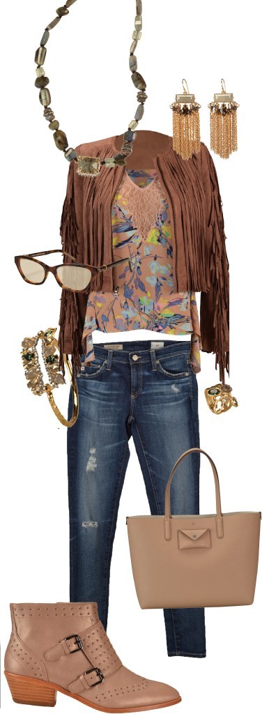 BCBGMAXAZRIA fringe jacket, $468, and floral tank, $198; Adriano Goldschmied skinny jeans, $225; Marc by Marc Jacobs tote, $278; Rebecca Minkoff booties, $275; Alexis Bittar fringe earrings, $195, stone necklace, $345, hinge bracelet, $225, and charm ring, $195, Saks Fifth Avenue. Robert Marc optical glasses, $429, Visions.