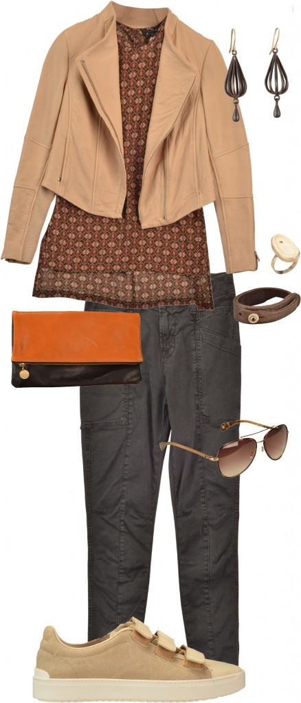 Vince leather jacket, $1,175; Theory print tank, $235; J Brand denim pants, $226; Clare Vivier clutch, $225; Rag & Bone sneakers, $395; Jane Diaz earrings, $85; leather bracelet, $70; and CLP antler tip ring, $220, Abersons. Paul Smith Sunglasses, $339, Visions.