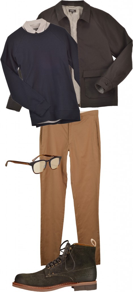 APC button down, $210, sweater, $165, jacket, $515, and slacks, $265; and Rag & Bone boots, $395, Abersons. Masunaga optical glasses, $360, Hicks Brunson.