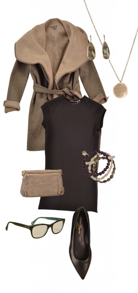 Harvey Faircloth dress, $420; Vince coat, $795; Clare Vivier suede bag, $365; Robert Clergerie flat, $395; Jane Diaz labradorite drop earrings, $115; Rebecca Lankford necklace, $300; and B.U. stacking bracelets, $38-$45, Abersons. Paul Smith optical glasses, $279, Visions.