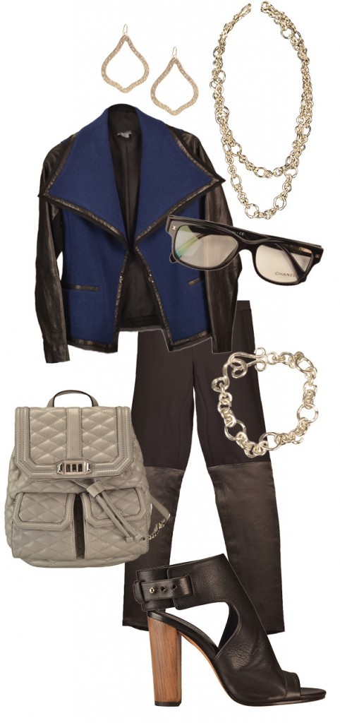 Vince jacket, $695, and contrast slacks, $525; Rebecca Minkoff quilted backpack, $355; Vince sandals, $395; Stephanie Kantis ornament drop earrings, $125, chain necklace, $425, and bracelet, $165, Saks Fifth Avenue. Chanel optical glasses, $339, Visions.