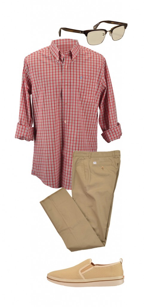 Southern Tide button down, $120, and khaki slacks, $120; and Tommy Bahama mesh sneakers, $98, Travers Mahan. Paul Smith optical glasses, $339, Visions.