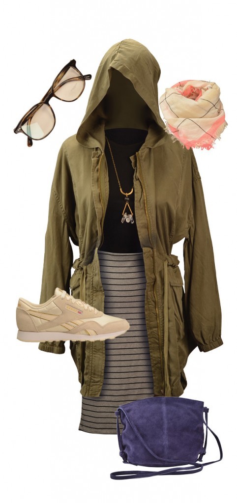 BDG army jacket, $129; Silence + Noise crop top, $34; BDG skirt, $59; Urban Outfitters crossbody bag, $49; Reebok sneakers, $60; BDG scarf, $34; and Urban Outfitters crystal necklace, $32, Urban Outfitters. Oliver Peoples optical glasses, $299, Visions.