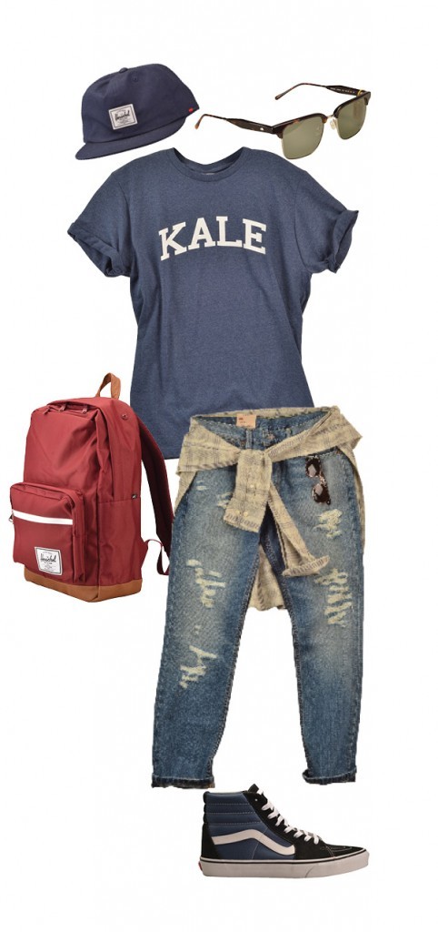 Sub Urban Riot tee, $28; Levi’s jeans, $68; Salt Valley MFG Co. button down, $54; Herschel backpack, $69, and hat, $35; and Vans sneakers, $60, Urban Outfitters. Oliver Peoples sunglasses, $299, Visions.