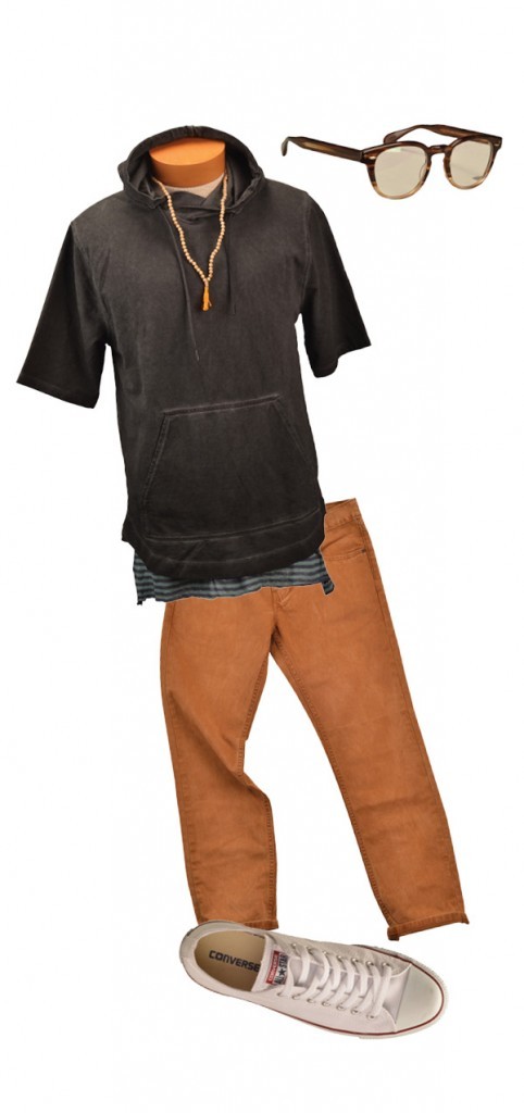 Feathers short-sleeve sweatshirt, $49, and tank, $24; Levi’s slim fit pants, $58; Converse sneakers, $55; and Urban Outfitters handmade jewelry, $20, Urban Outfitters. Oliver Peoples optical glasses, $339, Visions.