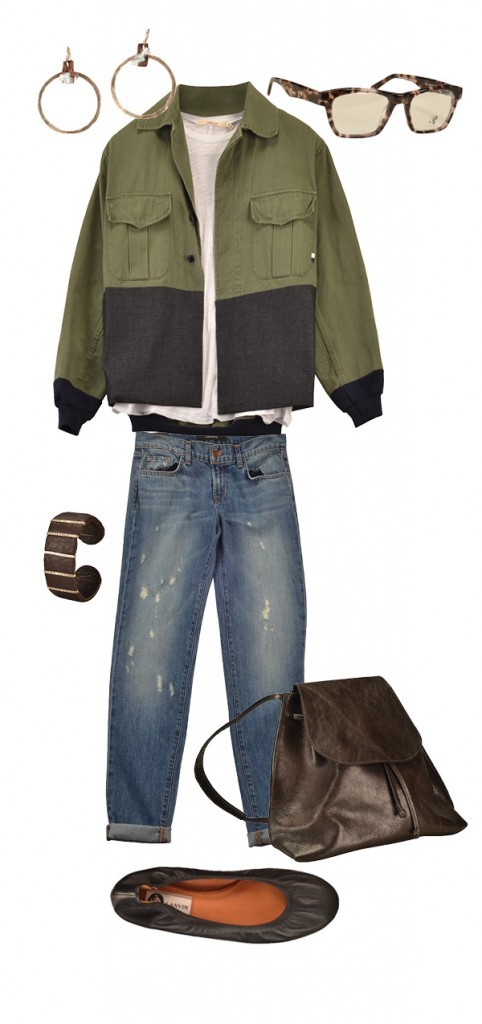 Harvey Faircloth jacket, $350; J Brand long-sleeve tee, $86, and boyfriend jeans, $228; B. May backpack, $600; Lanvin ballet flat, $495; CLP hoop earrings, $53, and leather cuff, $88, Abersons. Todd Rogers optical glasses, $265, Hicks Brunson.