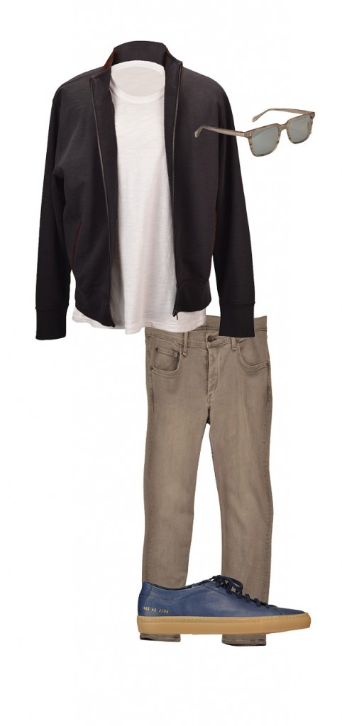 Billy Reid track jacket, $195; Alex Mill tee, $55; Rag & Bone slim fit jeans, $210; and Common Project sneakers, $449, Abersons. Oliver Peoples sunglasses, $409, Visions.