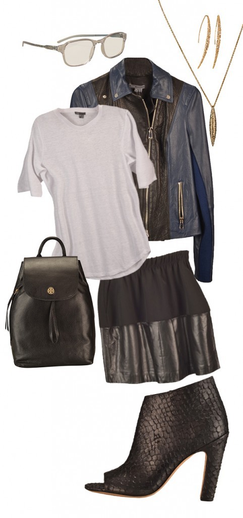 Vince leather jacket, $1,295, top, $95, and leather contrast skirt, $395; Tory Burch backpack, $355; Vince python-embossed booties, $495; Alexis Bittar crystal-studded spear pendant necklace, $125, and earrings, $175, Saks Fifth Avenue. Modo optical glasses, $239, Visions.