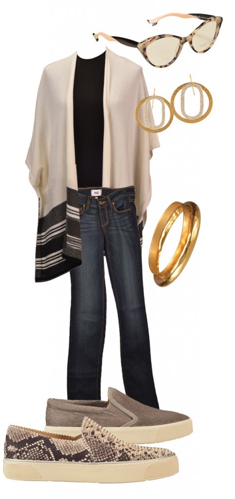 Vince poncho, $425, and top, $225; Paige jeans, $169; Stuart Weitzman snake-print skate shoes, $395; Vince calf hair sneakers, $295; Stephanie Kantis earrings, $175, and gold bangles, $195-$225, Saks Fifth Avenue. Face-A-Face sunglasses, $500, Hicks Brunson.