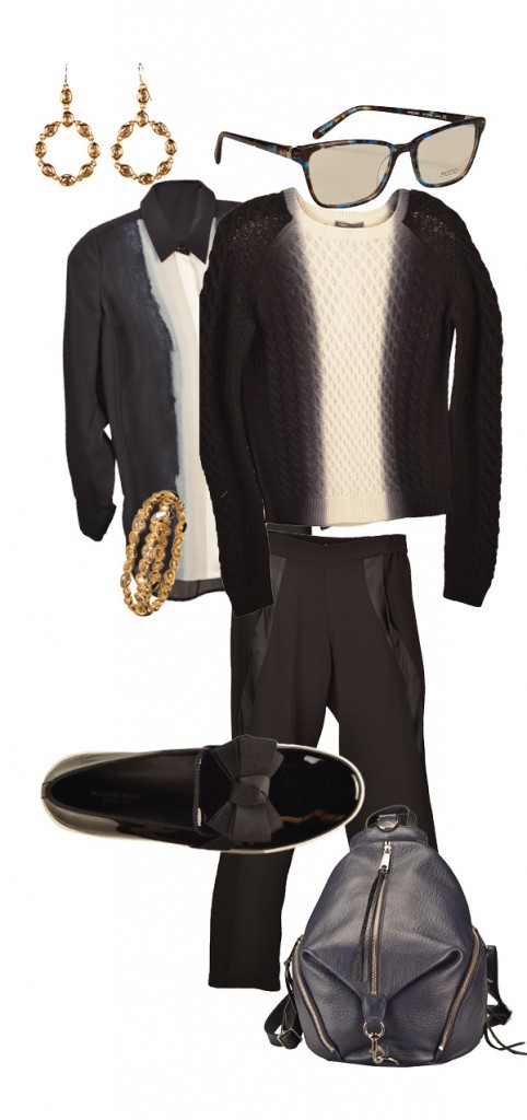 Vince ombre sweater, $365, silk blouse, $345, and pants, $275; Rebecca Minkoff backpack, $295; Michael Kors skate sneakers, $295; Alexis Bittar two-row stacked bracelet, $295, and circle drop earrings, $175, Saks Fifth Avenue. Modo optical glasses, $209, Visions.