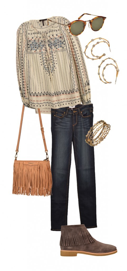 BCBGMAXAZRIA printed tunic, $228; Paige jeans, $169; Rebecca Minkoff fringe crossbody bag, $195; Kate Spade ankle boots, $258; Alexis Bittar bangles, $95-$155, and earrings, $155, Saks Fifth Avenue. Masunaga sunglasses, $450, Hicks Brunson.