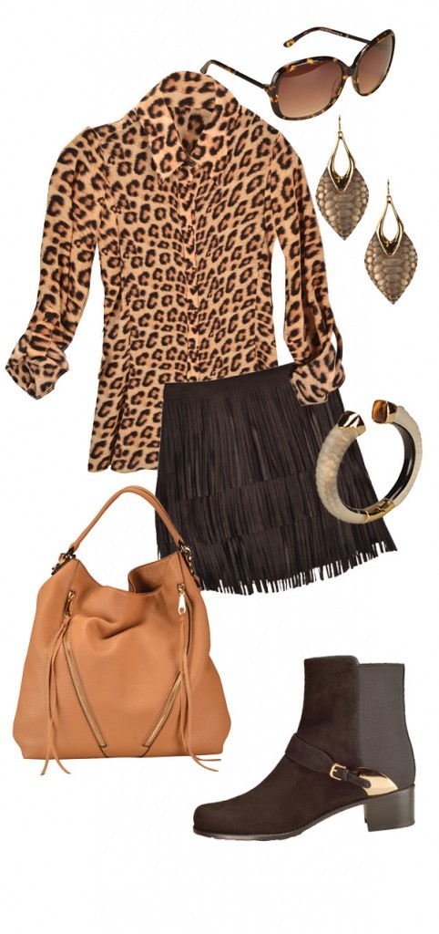 Alice + Olivia blouse, $265, and fringe skirt, $495; Rebecca Minkoff tote, $325; Stuart Weitzman ankle boots, $555; Alexis Bittar drop earrings, $245, and cuff, $275, Saks Fifth Avenue. Todd Rogers sunglasses, $265, Hicks Brunson.
