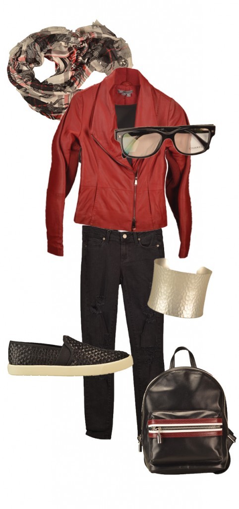 Vince leather jacket, $995; Parker top, $198; Paige black denim jeans, $199; Elizabeth and James mini backpack, $495; Vince skate shoes, $295; Alexander McQueen scarf, $470; and Stephanie Kantis cuff, $395, Saks Fifth Avenue. Chanel optical glasses, $339, Visions.