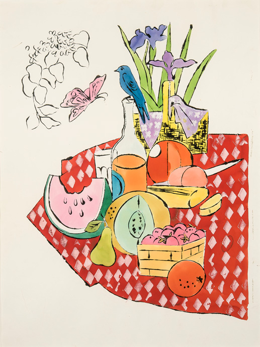 Andy Warhol: The Picnic, 1959-1960, Ink, watercolor and gouache on paper, 28 1/2 by 22 1/2 inches. Collection Donald Rosenfeld, St. Louis, Missouri, © 2015 The Andy Warhol Foundation for the Visual Arts, Inc. / Artists Rights Society (ARS), New York; Photo © Eric W. Baumgartner Photography. Photos courtesy Crystal Bridges Museum of American art.