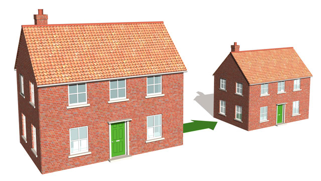 Downsizing, a 3d render of scaled houses 2