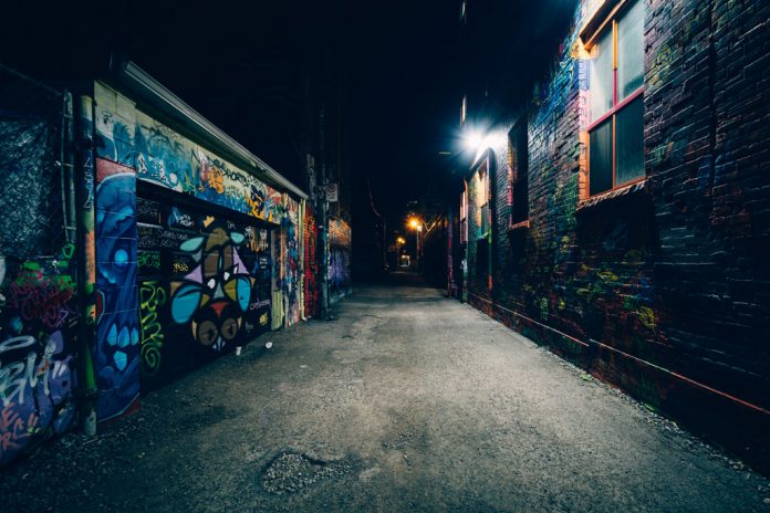 Graffiti Alley at night, in the Fashion District of Toronto, Ont