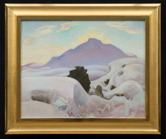 Olive-Rush,-Sunset-in-the-White-Sands-Deserts,-oil-on-panel,-May-1949