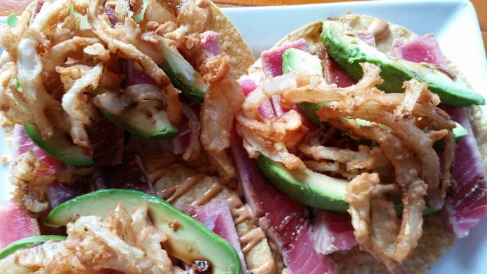 Dos Bandidos' tuna tacos are a vibrant dish.