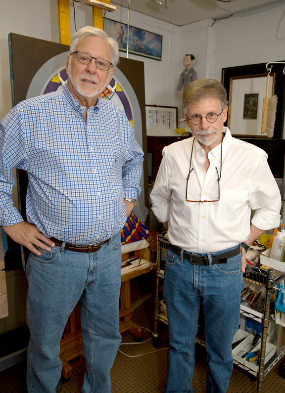 Artists Jim Terrell and Steven Rosser share studio space in midtown Tulsa. The two began their 40-year collaborative relationship as teacher and student. Photo by Brandon Scott.